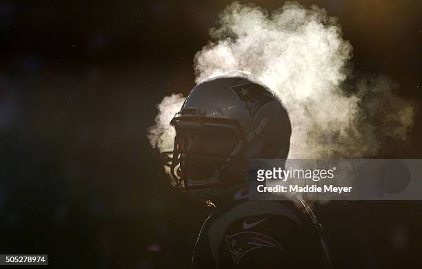 Ryan Allen of the New England Patriots warms up prior to the AFC Divisional Playoff Game against the Kansas City Chiefs at Gillette Stadium on...