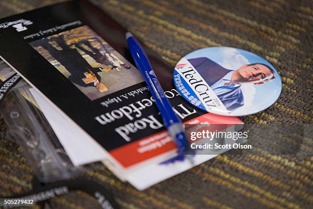 Button showing support for Republican presidential candidate Sen. Ted Cruz sits under a chair at the 2016 South Carolina Tea Party Coalition...