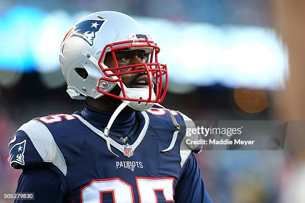 Chandler Jones of the New England Patriots looks on during warm ups prior to the AFC Divisional Playoff Game against the Kansas City Chiefs at...