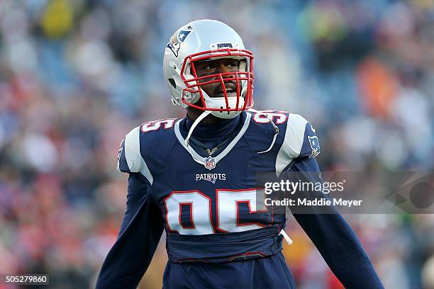 Chandler Jones of the New England Patriots looks on during warm ups prior to the AFC Divisional Playoff Game against the Kansas City Chiefs at...