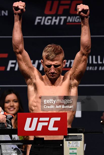 Dillashaw weighs in during the UFC weigh-in at the Wang Theatre on January 16, 2016 in Boston, Massachusetts.