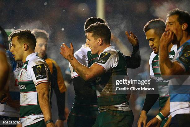 Freddie Burns of Leicester Tigers celebrates his try during the European Rugby Champions Cup match between Leicester Tigers and Benetton Treviso at...