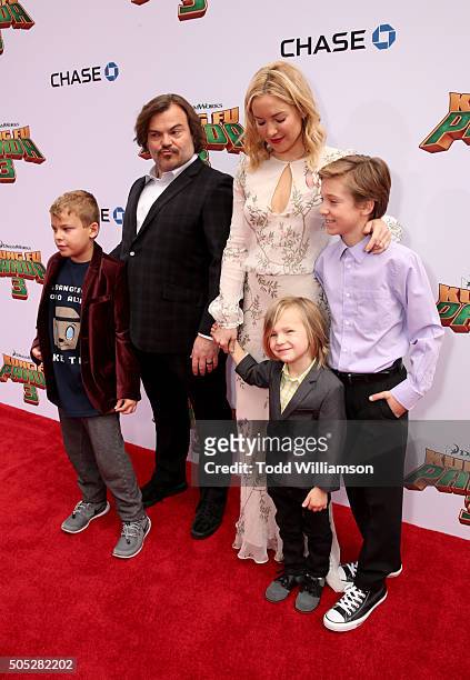 Actor Jack Black and his son Samuel Jason Black and actress Kate Hudson with sons Bingham Hawn Bellamy and Ryder Robinson attend the premiere of...