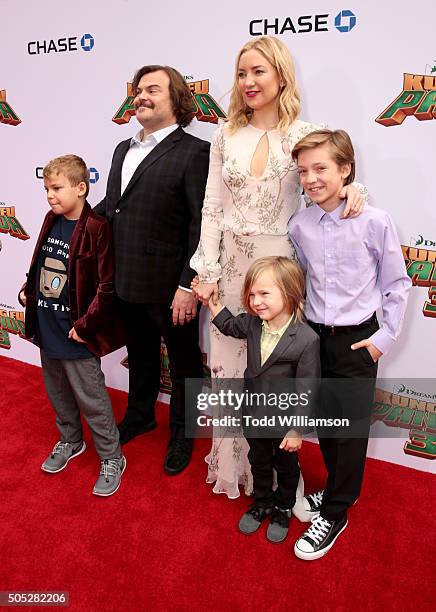 Actor Jack Black and his son Samuel Jason Black and actress Kate Hudson with sons Bingham Hawn Bellamy and Ryder Robinson attend the premiere of...