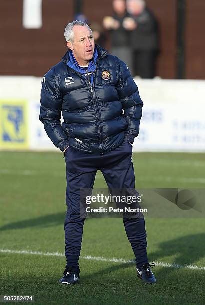 Dagenham & Redbridge coach Ian Culverhouse looks on during the pre match warm up prior to the Sky Bet League Two match between Dagenham & Redbridge...