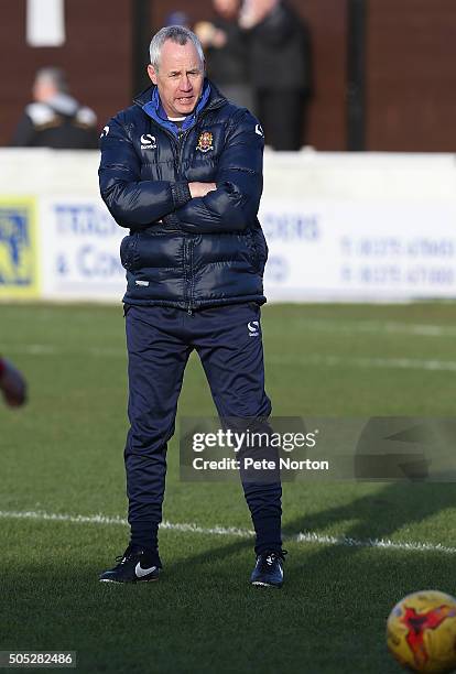 Dagenham & Redbridge coach Ian Culverhouse looks on during the pre match warm up prior to the Sky Bet League Two match between Dagenham & Redbridge...