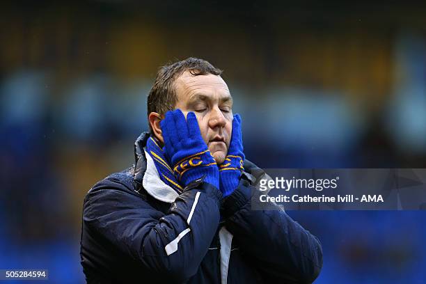 Micky Mellon manager of Shrewsbury Town reacts during the Sky Bet League One match between Shrewsbury Town and Barnsley at New Meadow on January 16,...