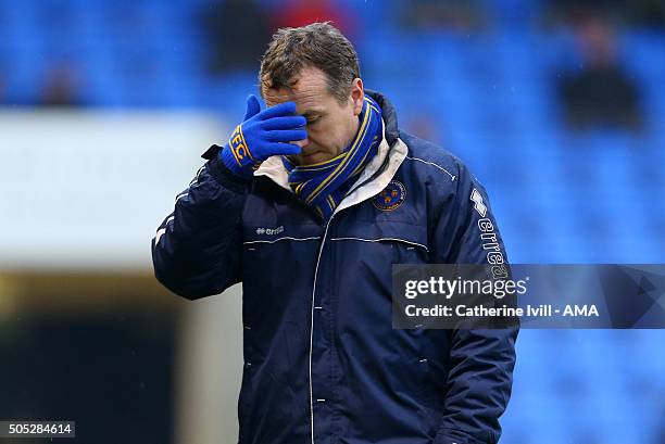 Dejected looking Micky Mellon manager of Shrewsbury Town during the Sky Bet League One match between Shrewsbury Town and Barnsley at New Meadow on...