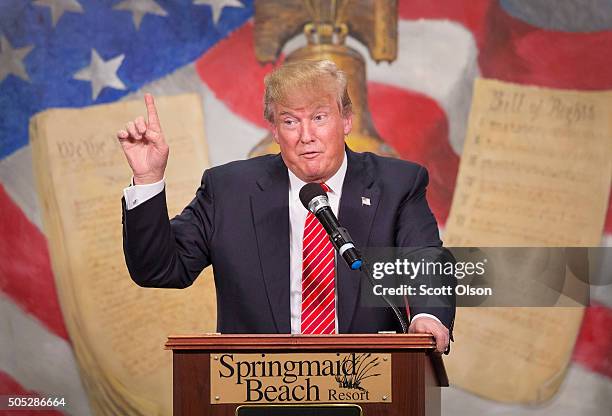 Republican presidential candidate Donald Trump speaks to guests at the 2016 South Carolina Tea Party Coalition Convention on January 16, 2016 in...