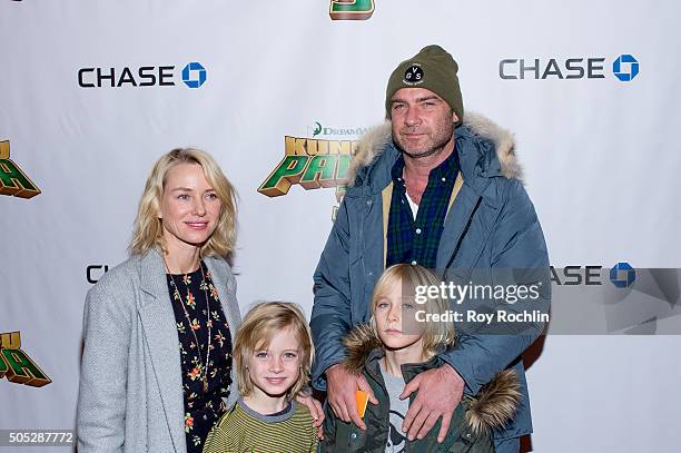 Naomi Watts, Samuel Kai Schreiber, Alexander Pete Schreiber and Liev Schreiber attend the "Kung Fu Panda 3" New York screening at AMC Loews Kips Bay...