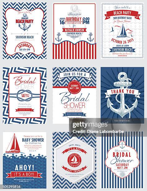 nautisches thema party-einladungen set - nautical stock-grafiken, -clipart, -cartoons und -symbole