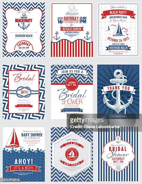 bildbanksillustrationer, clip art samt tecknat material och ikoner med nautical theme party invitations set - segling
