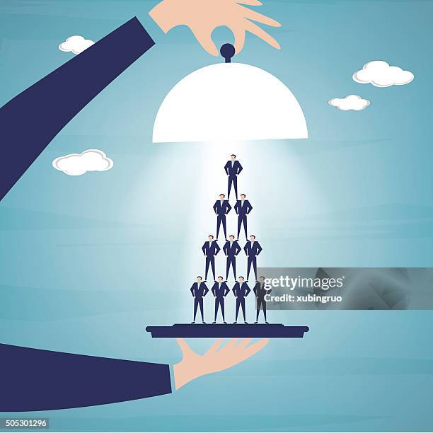 businessmen assembled into a pyramid shape in the tray - human pyramid stock illustrations