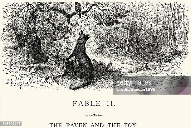 illustrations, cliparts, dessins animés et icônes de la fontaine les fables-raven et le fox - fable de la fontaine