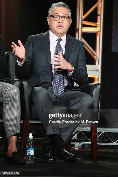 Consultant Jeffrey Toobin speaks onstage during "The People v. O.J. Simpson: American Crime Story" panel discussion at the FX portion of the 2015...