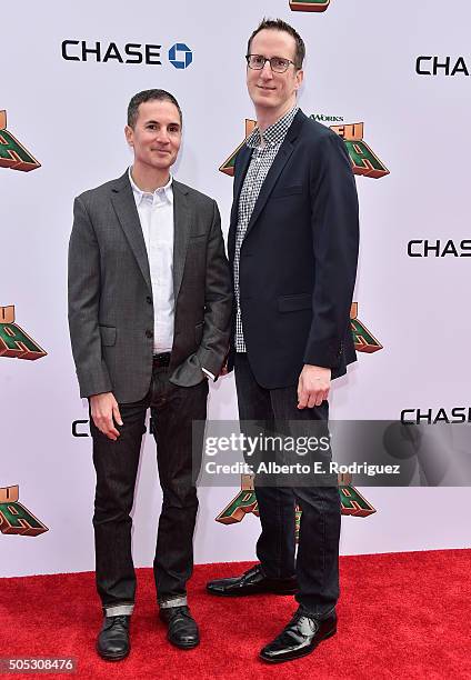 Screenwriters Jonathan Aibel and Glenn Berger attend the premiere of DreamWorks Animation and Twentieth Century Fox's 'Kung Fu Panda 3' at TCL...