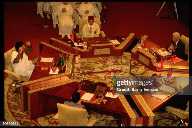 Arab ldrs. Summit re forming maghreb Union economic bloc incl. Libya, Morocco, Mauritania, Algeria, Tunisia. Clockwise fr. Ben Ali, Chadli, King...