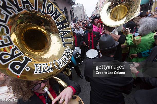 Members of the Preservation Hall Jazz Band perform during a second line honoring David Bowie through the French Quarter on January 16, 2016 in New...