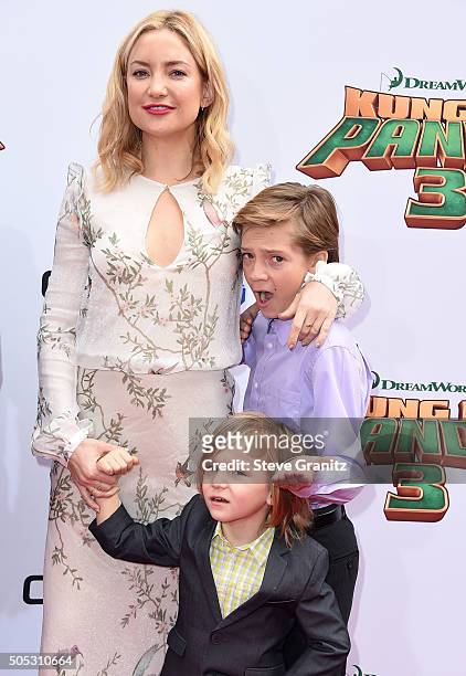 Actress Kate Hudson with sons Ryder Robinson and Bingham Hawn Bellamy arrives at the Premiere Of 20th Century Fox's "Kung Fu Panda 3" at TCL Chinese...