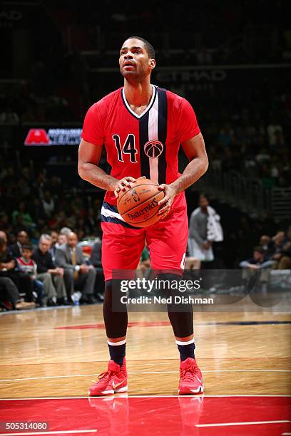 Gary Neal of the Washington Wizards shoots a free throw during the game against the Boston Celtics on January 16, 2016 at Verizon Center in...