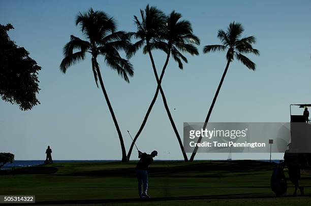 Scott Piercy plays a shot on the 16th hole during the third round of the Sony Open In Hawaii at Waialae Country Club on January 16, 2016 in Honolulu,...