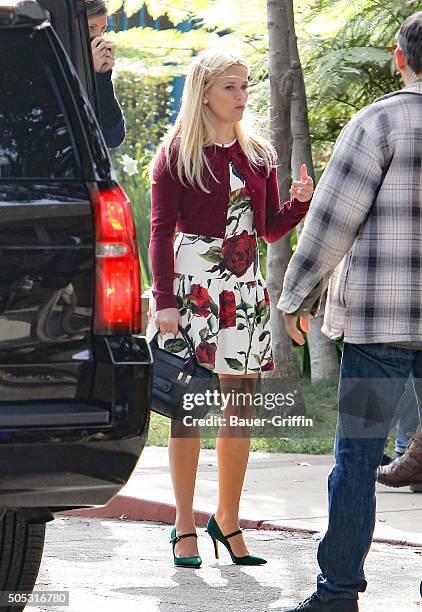 Reese Witherspoon on the set of 'Big Little Lies' is seen on January 16, 2016 in Los Angeles, California.