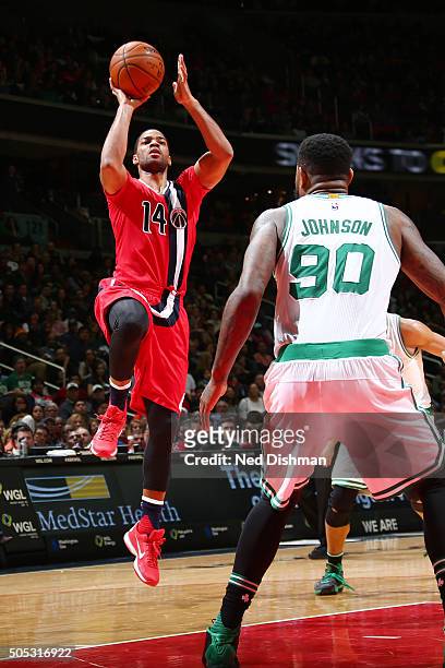 Gary Neal of the Washington Wizards shoots the ball during the game against the Boston Celtics on January 16, 2016 at Verizon Center in Washington,...