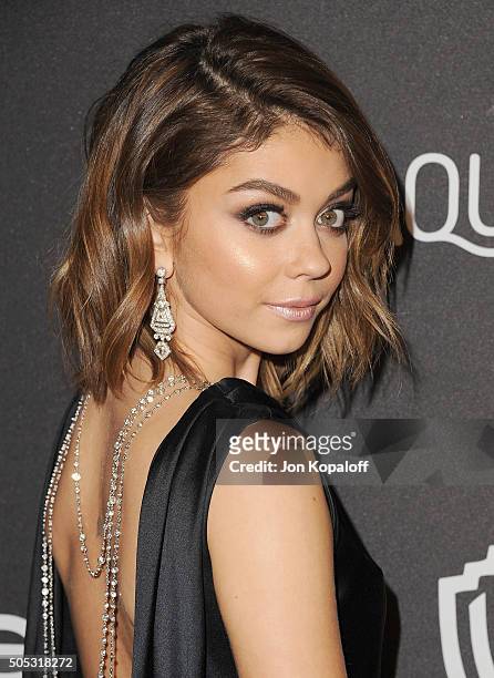 Actress Sarah Hyland arrives at the 2016 InStyle And Warner Bros. 73rd Annual Golden Globe Awards Post-Party at The Beverly Hilton Hotel on January...