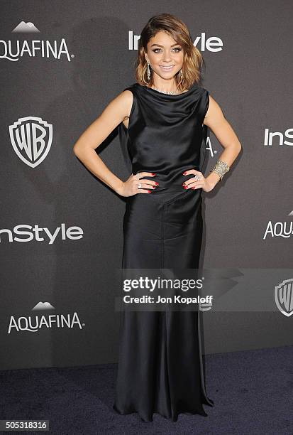 Actress Sarah Hyland arrives at the 2016 InStyle And Warner Bros. 73rd Annual Golden Globe Awards Post-Party at The Beverly Hilton Hotel on January...