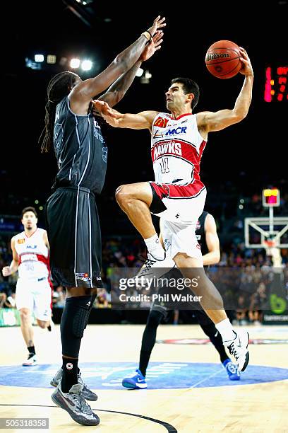 Kevin Lisch of the Hawks lays up the ball during the Round 15 NBL match between the New Zealand Breakers and the Illawarra Hawks at the Vector Arena...