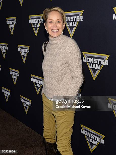 Actress Sharon Stone attends Monster Jam Celebrity Night at Angel Stadium on January 16, 2016 in Anaheim, California.