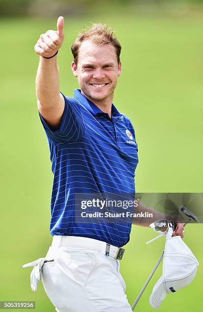 Danny Willett of team Europe celebrates as his winning his singles match against Byeong Hun An of team Asia and thus winning the EurAsia Cup...