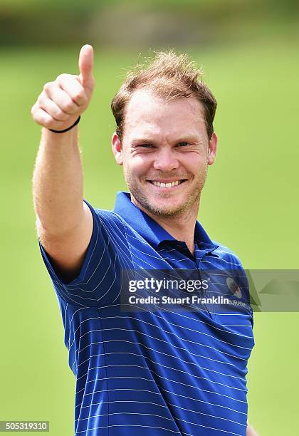 Danny Willett of team Europe celebrates as his winning his singles match against Byeong Hun An of team Asia and thus winning the EurAsia Cup...