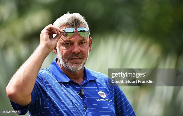 Darren Clarke, Captain of team Europe looks on during the final day's singles matches at the EurAsia Cup presented by DRB-HICOM at Glenmarie G&CC on...