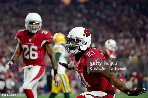Cornerback Patrick Peterson of the Arizona Cardinals reacts during the fourth quarter of the NFC Divisional Playoff Game at University of Phoenix...