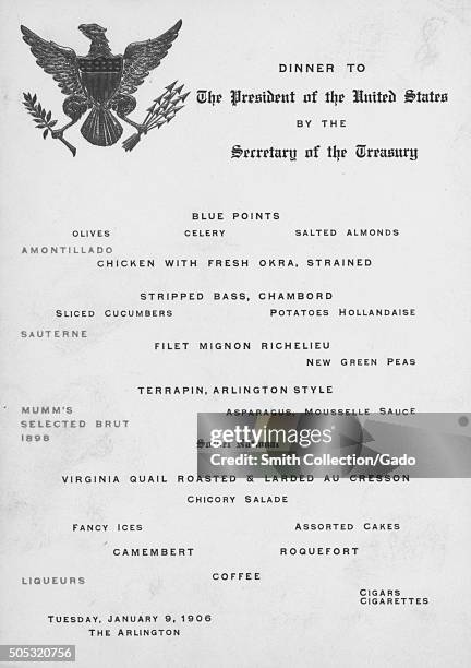 Menu from a dinner to honor United States President Theodore Roosevelt, hold by Secretary of the Treasury Leslie Shaw at the Arlington Hotel,...