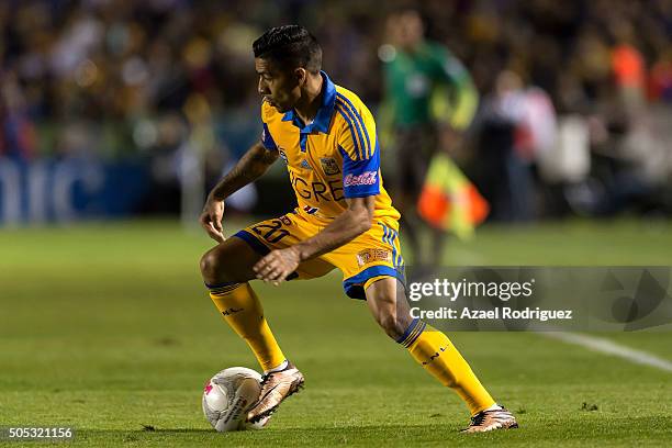 Javier Aquino of Tigres drives the ball during the 2nd round match between Tigres UANL and Morelia as part of the Clausura 2016 Liga MX at...