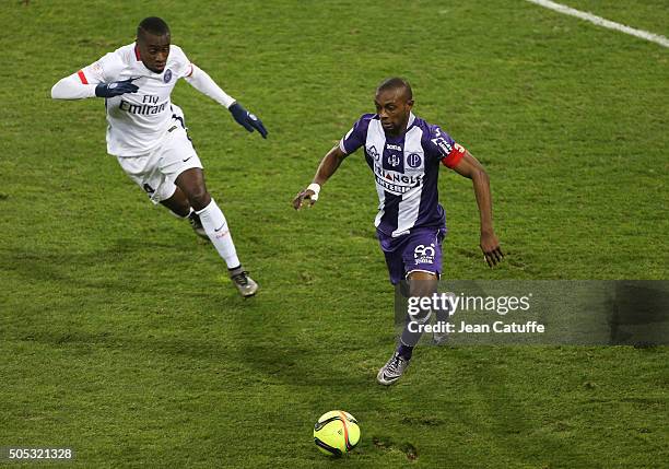 Blaise Matuidi of PSG and Jean-Daniel Akpa-Akpro of Toulouse in action during the French League 1 match between Toulouse FC and Paris Saint-Germain...