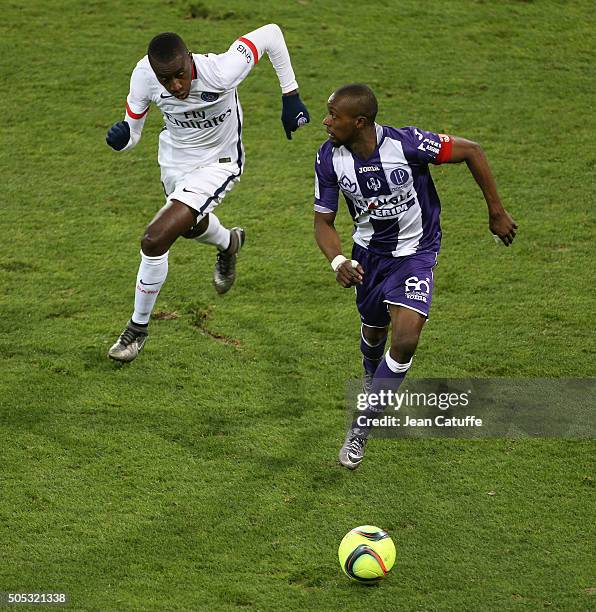 Blaise Matuidi of PSG and Jean-Daniel Akpa-Akpro of Toulouse in action during the French League 1 match between Toulouse FC and Paris Saint-Germain...