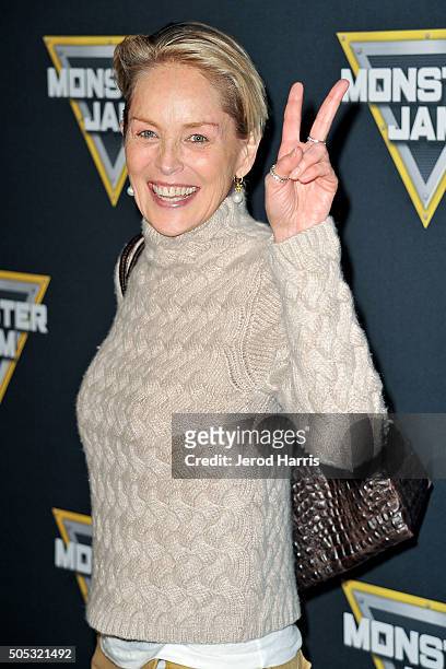 Sharon Stone arrives at the Monster Jam at Angel Stadium of Anaheim on January 16, 2016 in Anaheim, California.