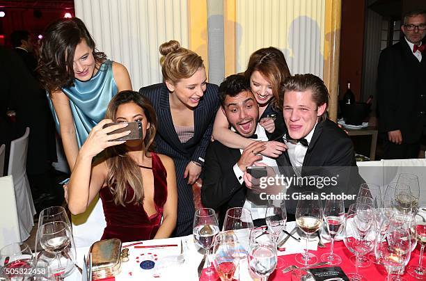 Lena Schoemann, Jella Haase, Gizem Emre, Anna Lena Klenke, Aram Arami, and Max von der Groeben doing a selfie during the German Film Ball 2016 party...