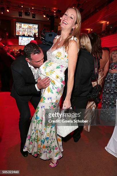 Renata Kochta, pregnant and her husband Thomas Frank during the German Film Ball 2016 party at Hotel Bayerischer Hof on January 16, 2016 in Munich,...
