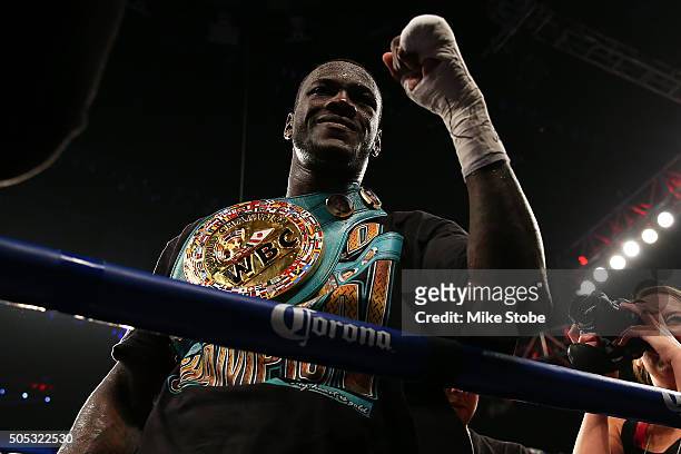 Deontay Wilder celebrates after defeating Artur Szpilka by KO in the 9th round during their WBC Heavyweight Championship bout at Barclays Center on...