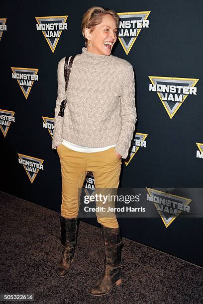 Sharon Stone arrives at the Monster Jam at Angel Stadium of Anaheim on January 16, 2016 in Anaheim, California.