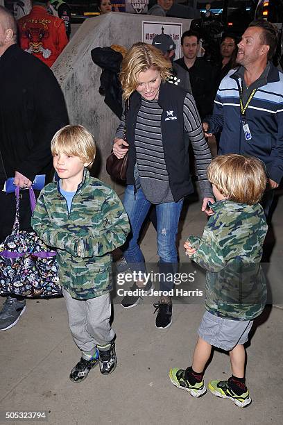 Actress Julie Bowen, sons Jack and Gustav arrive at the Monster Jam at Angel Stadium of Anaheim on January 16, 2016 in Anaheim, California.