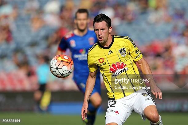 Blake Powell of the Phoenix in action during the round 15 A-League match between the Newcastle Jets and the Wellington Phoenix at Hunter Stadium on...