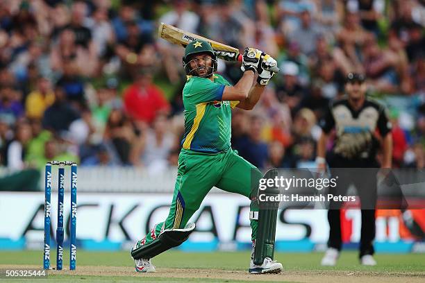 Shahid Afridi of Pakistan plays the ball away for four runs during the International Twenty20 match between New Zealand and Pakistan at Seddon Park...