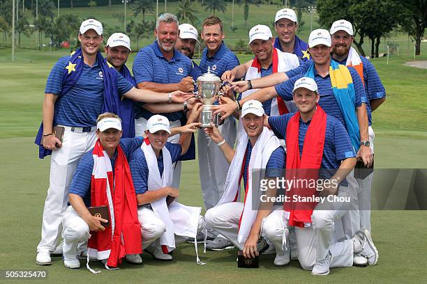 Team Europe celebrates with the Eurasia Cup after they beat Asia during the 2016 Eurasia Cup at Glenmarie G&CC on January 17, 2016 in Kuala Lumpur,...