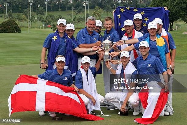 Team Europe celebrates with the Eurasia Cup after they beat Asia during the 2016 Eurasia Cup at Glenmarie G&CC on January 17, 2016 in Kuala Lumpur,...