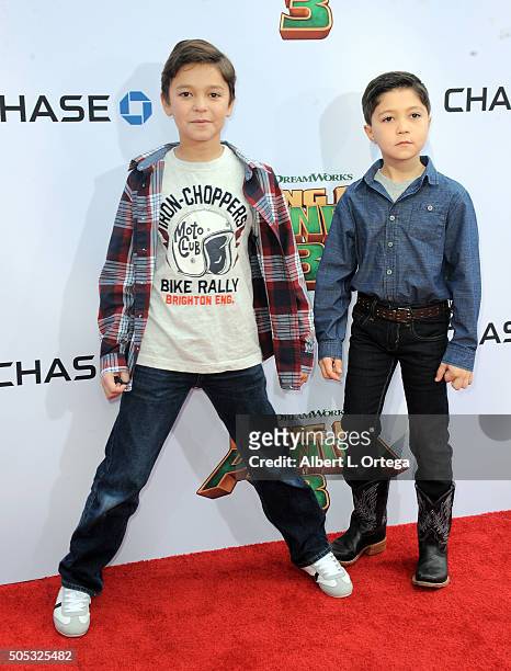 Actors Pierce Gagnon and Steele Gagnon arrive for the premiere of DreamWorks Animation and Twentieth Century Fox's "Kung Fu Panda 3" held at TCL...